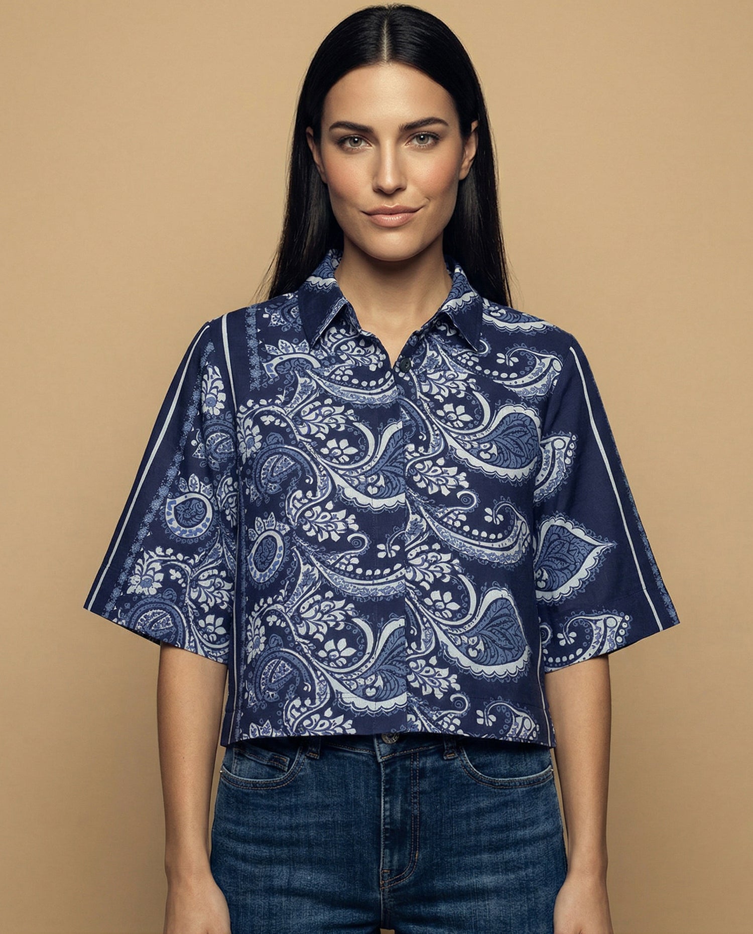 Camisa manga 3/4 cuello camisero - Azul