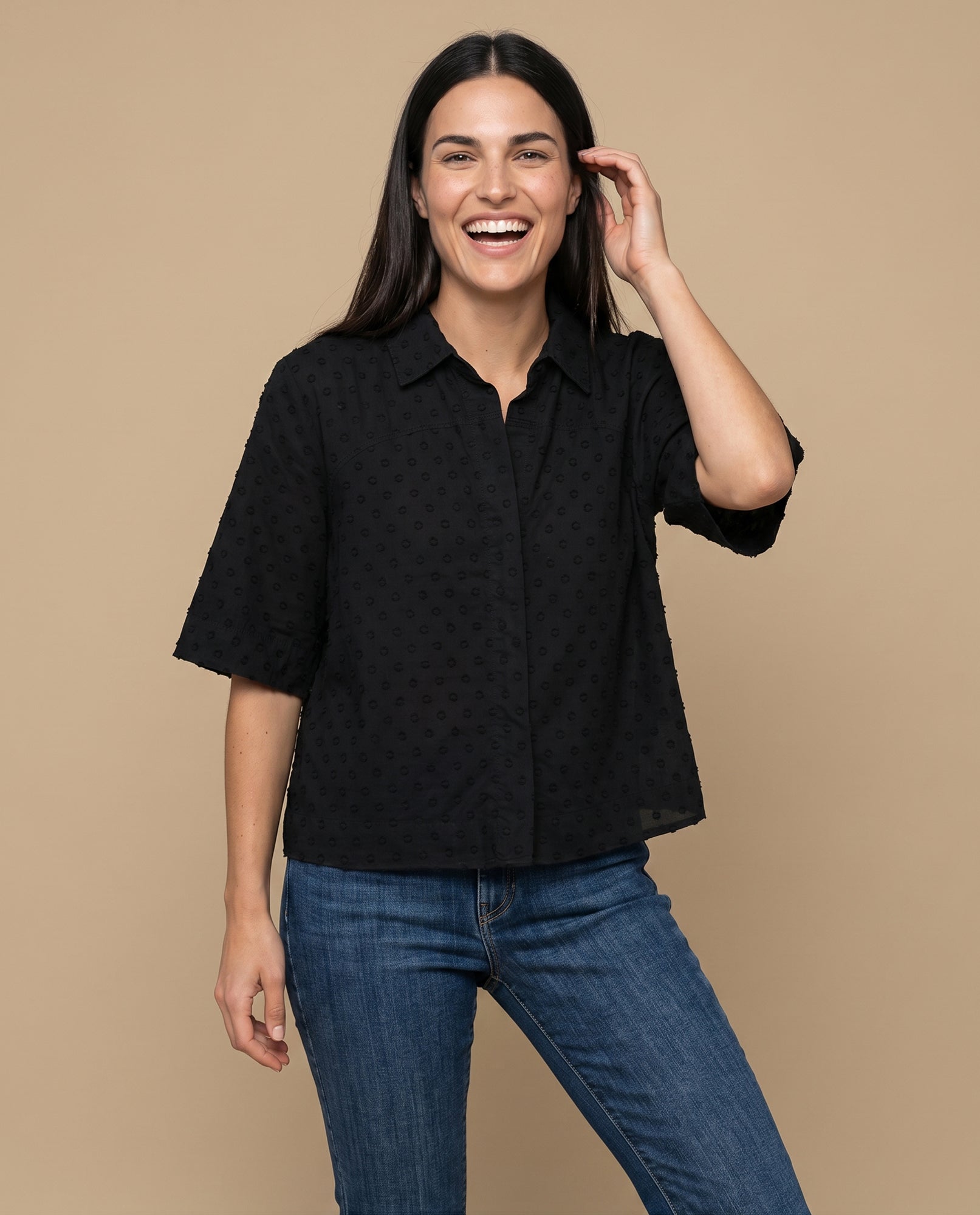 Camisa denim bordada manga 3/4 - Negro 34_912H016_NEG190303_0