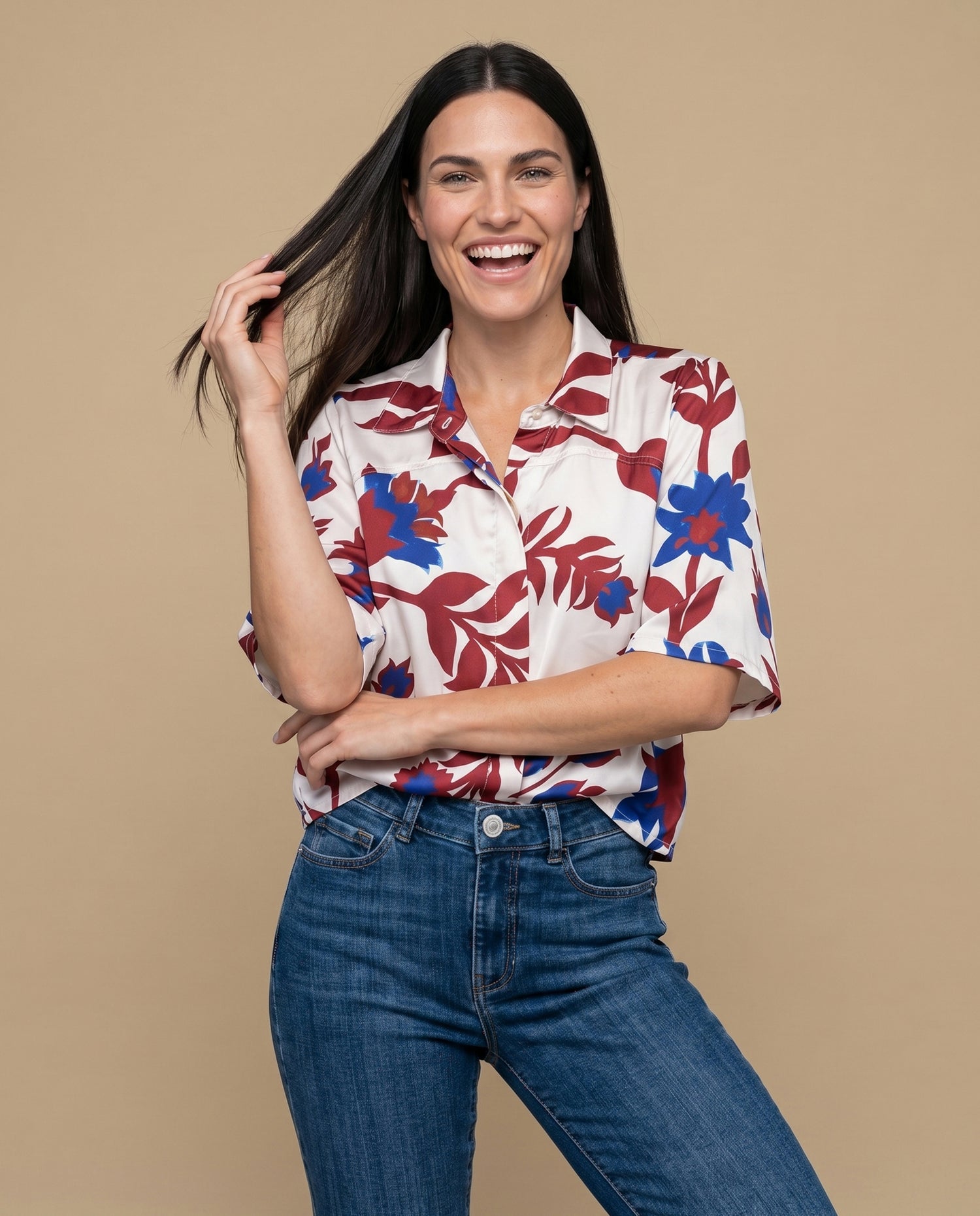 Camisa manga corta estampada flores - Café