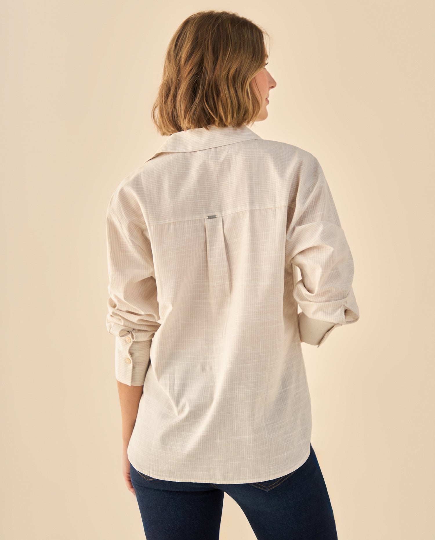 Camisa con Textura Cuadriculada Manga Larga - Beige