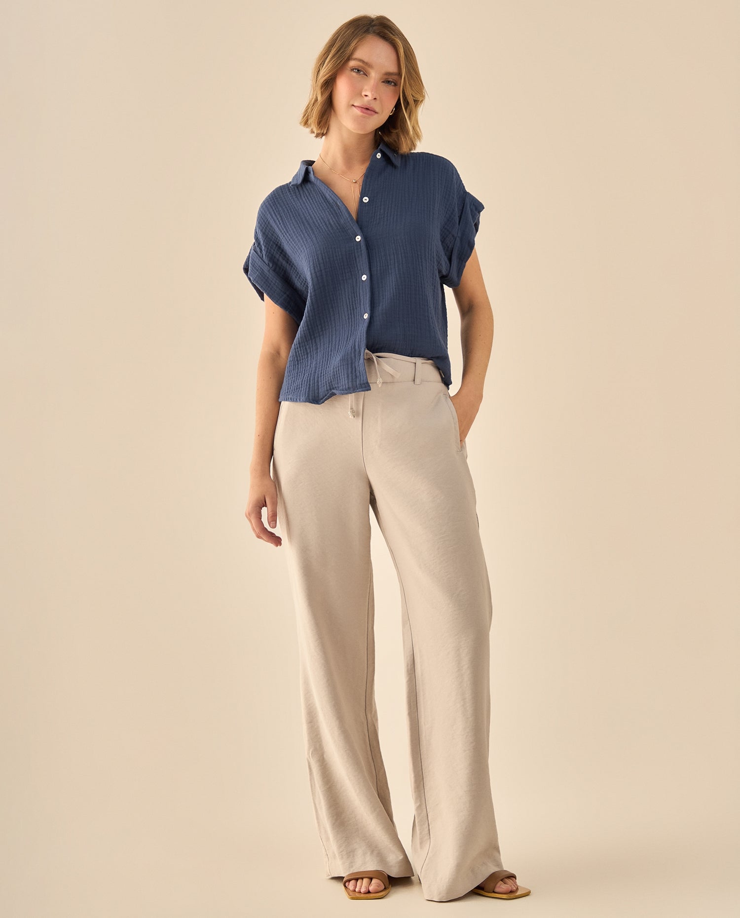Camisa con Textura Acanalada - Azul