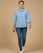 Camisa manga larga con rayas finas para mujer - Azul
