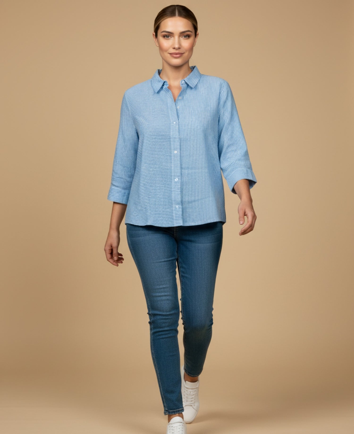 Camisa manga larga con rayas finas para mujer - Azul