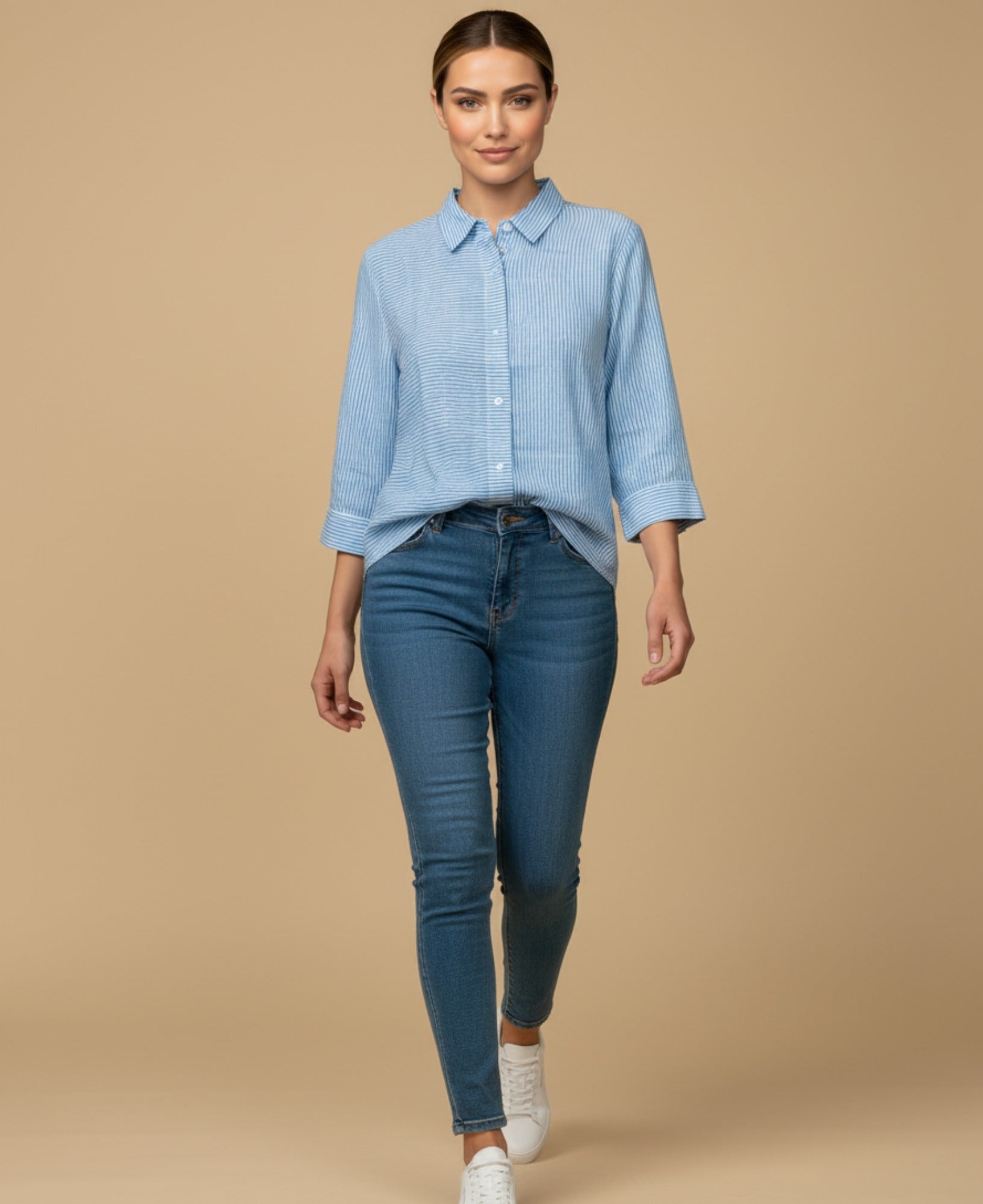 Camisa manga larga con rayas finas para mujer - Azul 34_913G322_AZU144123_1