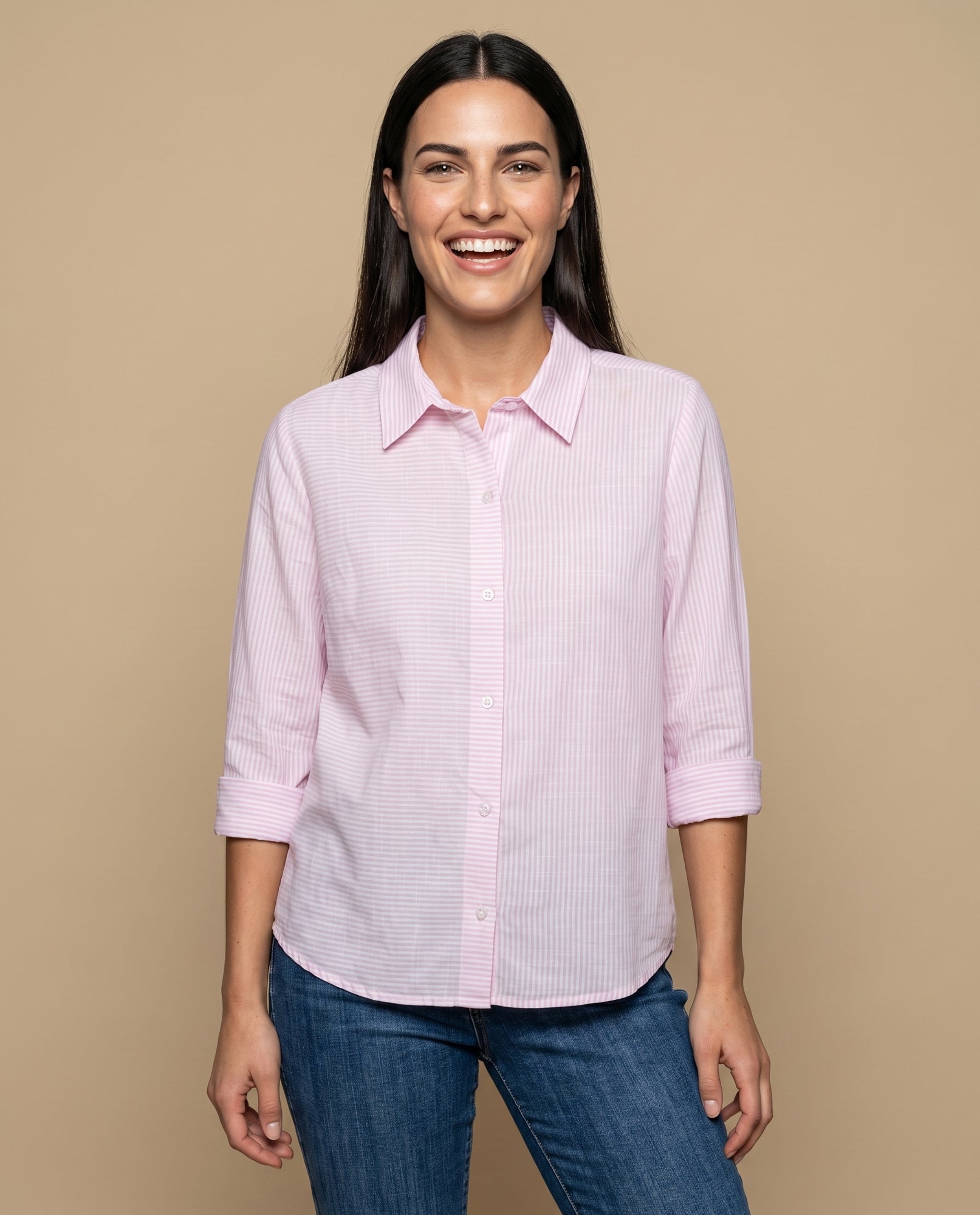 Camisa manga larga con rayas finas para mujer - Rosa 34_913G322_ROS132006_0