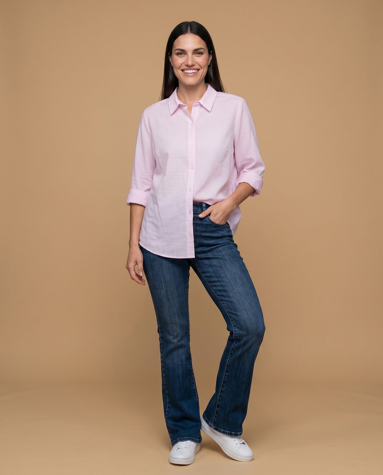 Camisa manga larga con rayas finas para mujer - Rosa