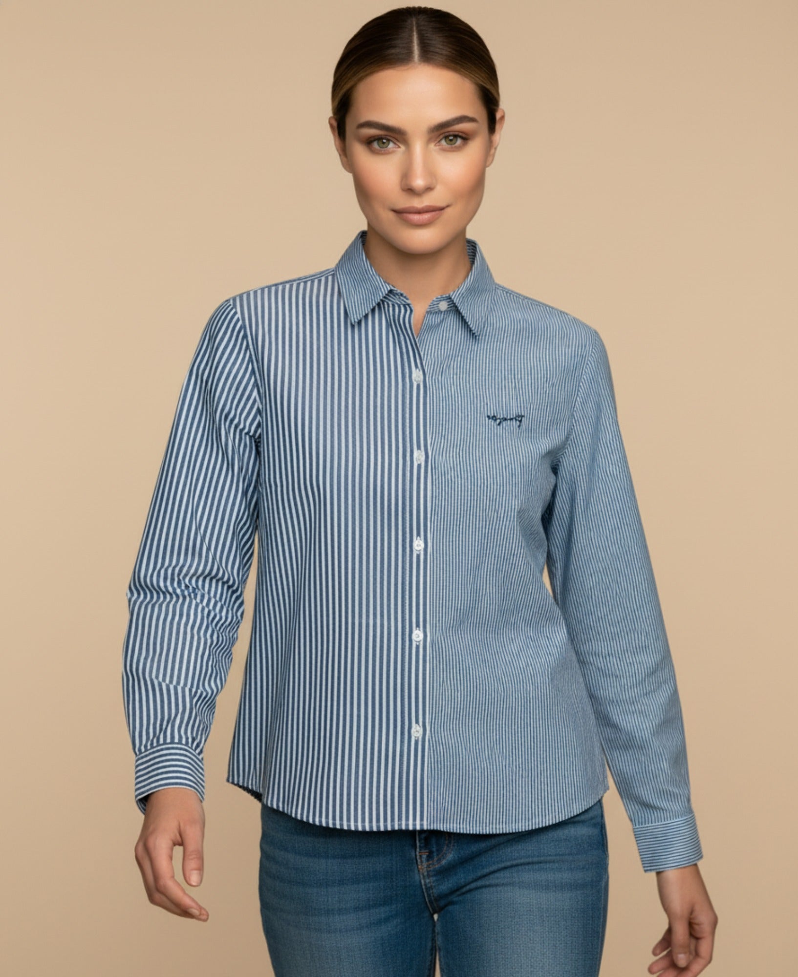 Camisa manga larga con paneles contrastantes para mujer - Azul 34_913G325_AZU194039_0