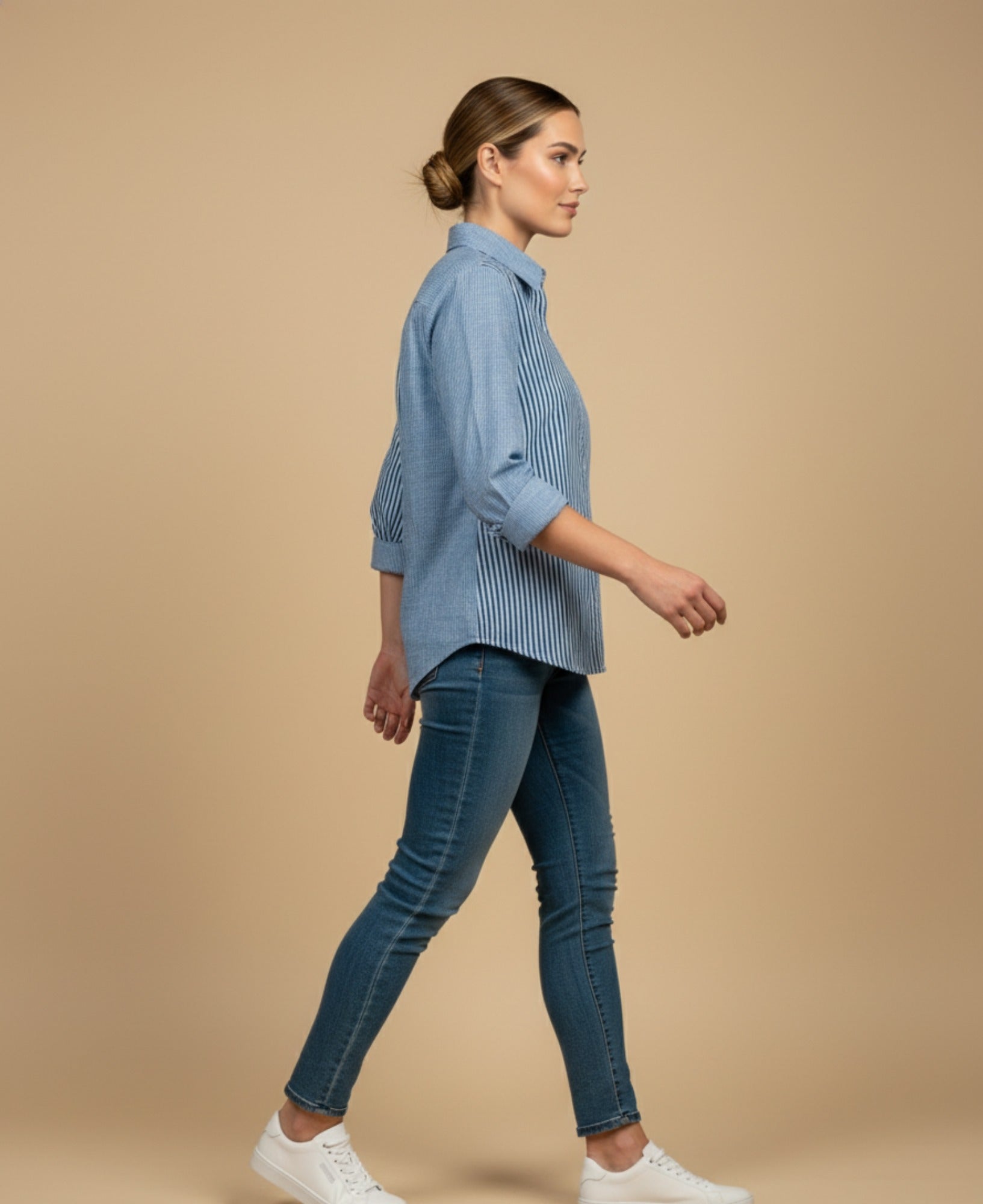 Camisa manga larga con paneles contrastantes para mujer - Azul 34_913G325_AZU194039_1
