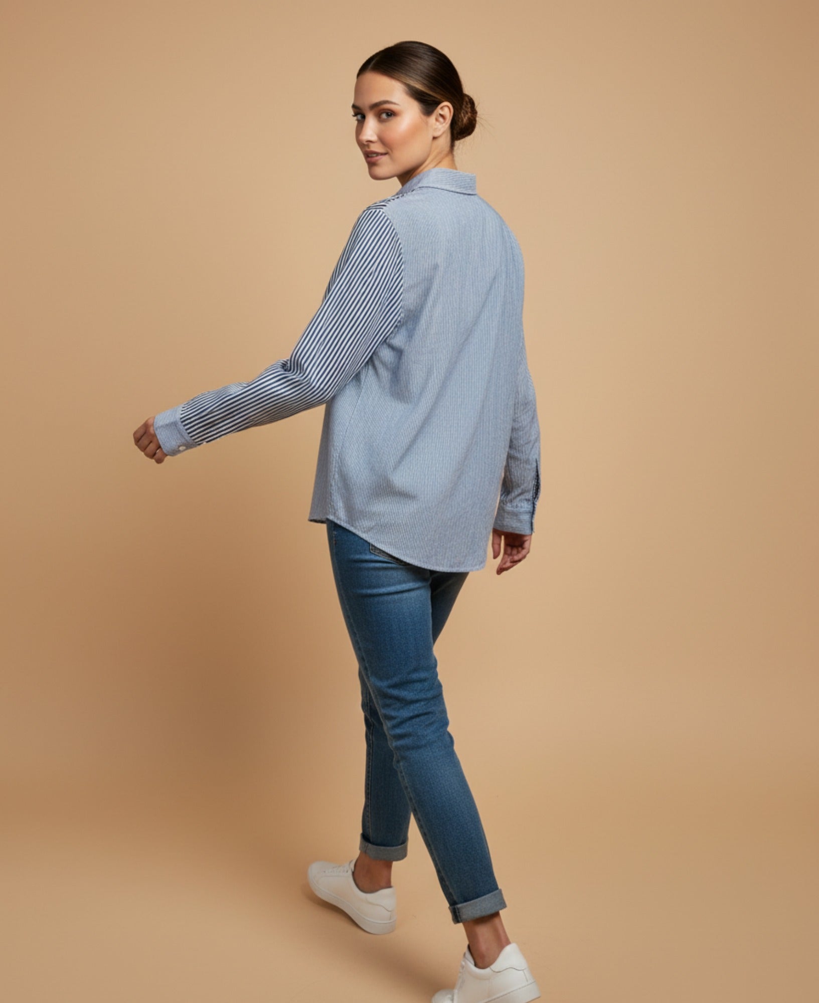 Camisa manga larga con paneles contrastantes para mujer - Azul 34_913G325_AZU194039_2
