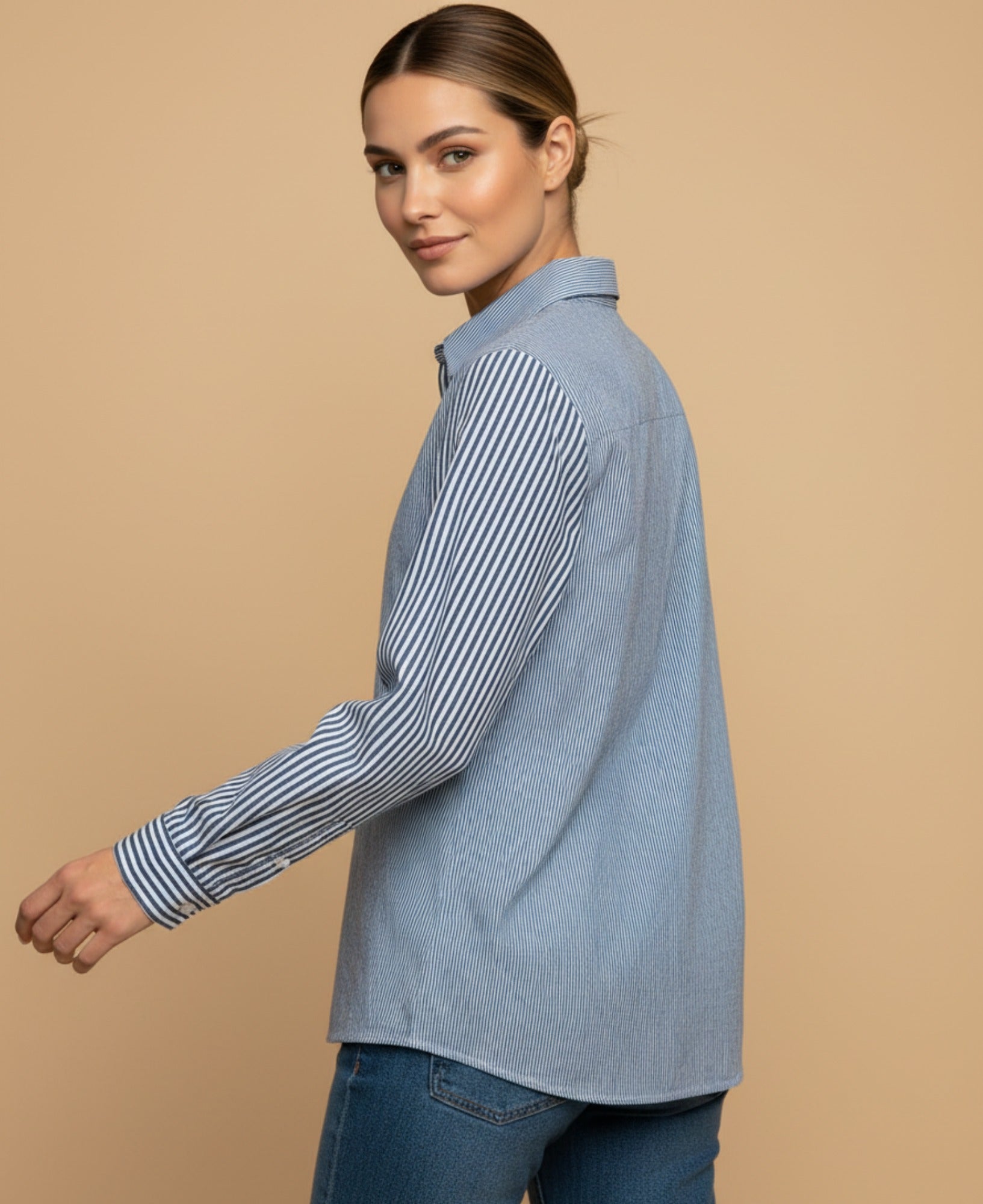 Camisa manga larga con paneles contrastantes para mujer - Azul 34_913G325_AZU194039_3