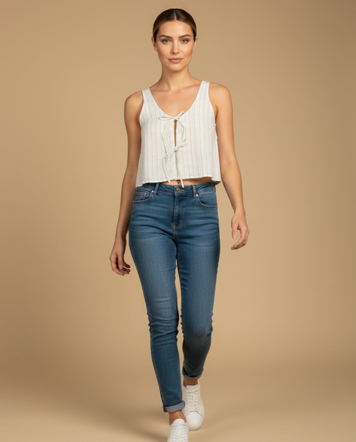 Chaleco crop top con cordones ajustables para mujer - Crudo