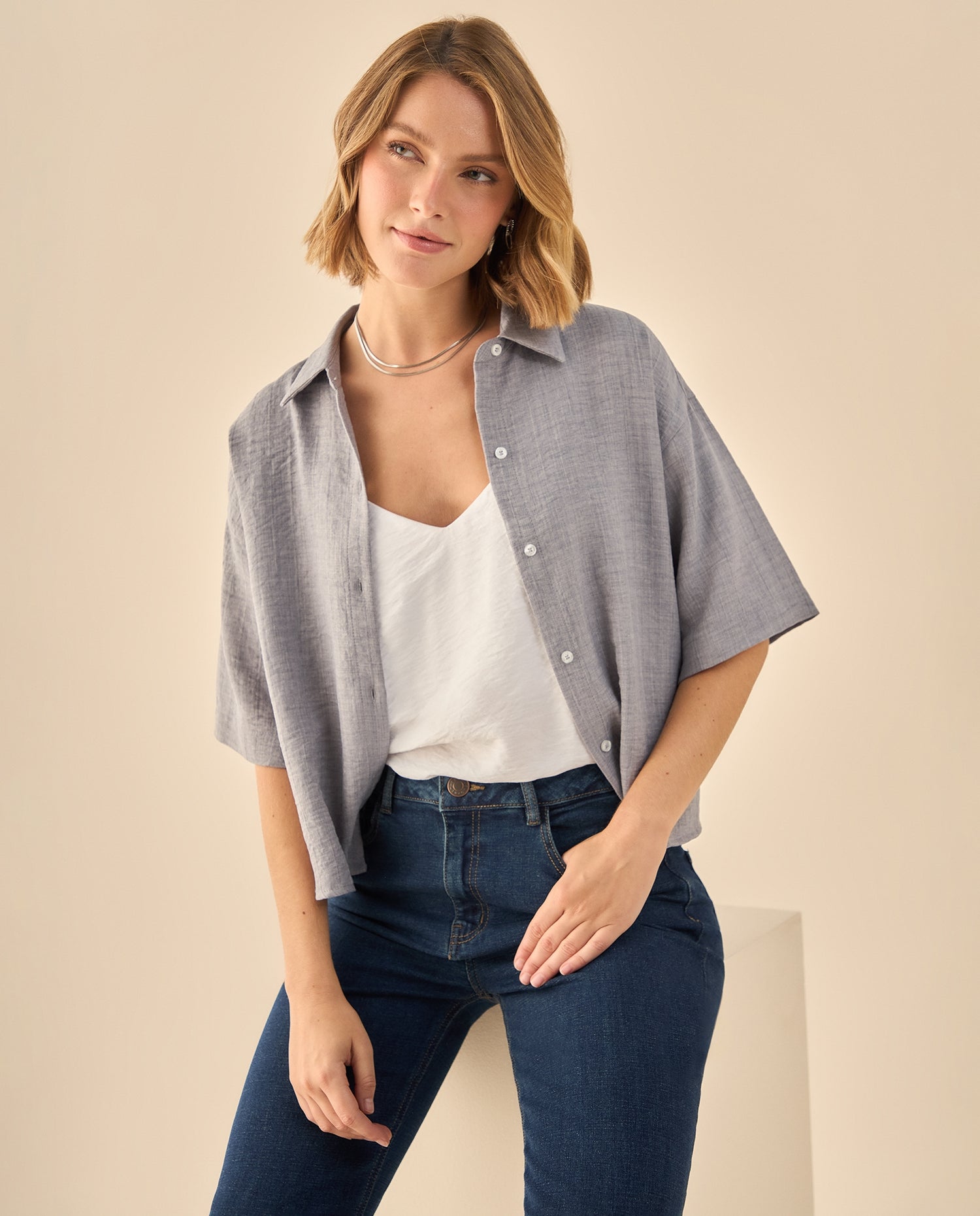 Camisa Oversized Manga Corta Premium - Gris