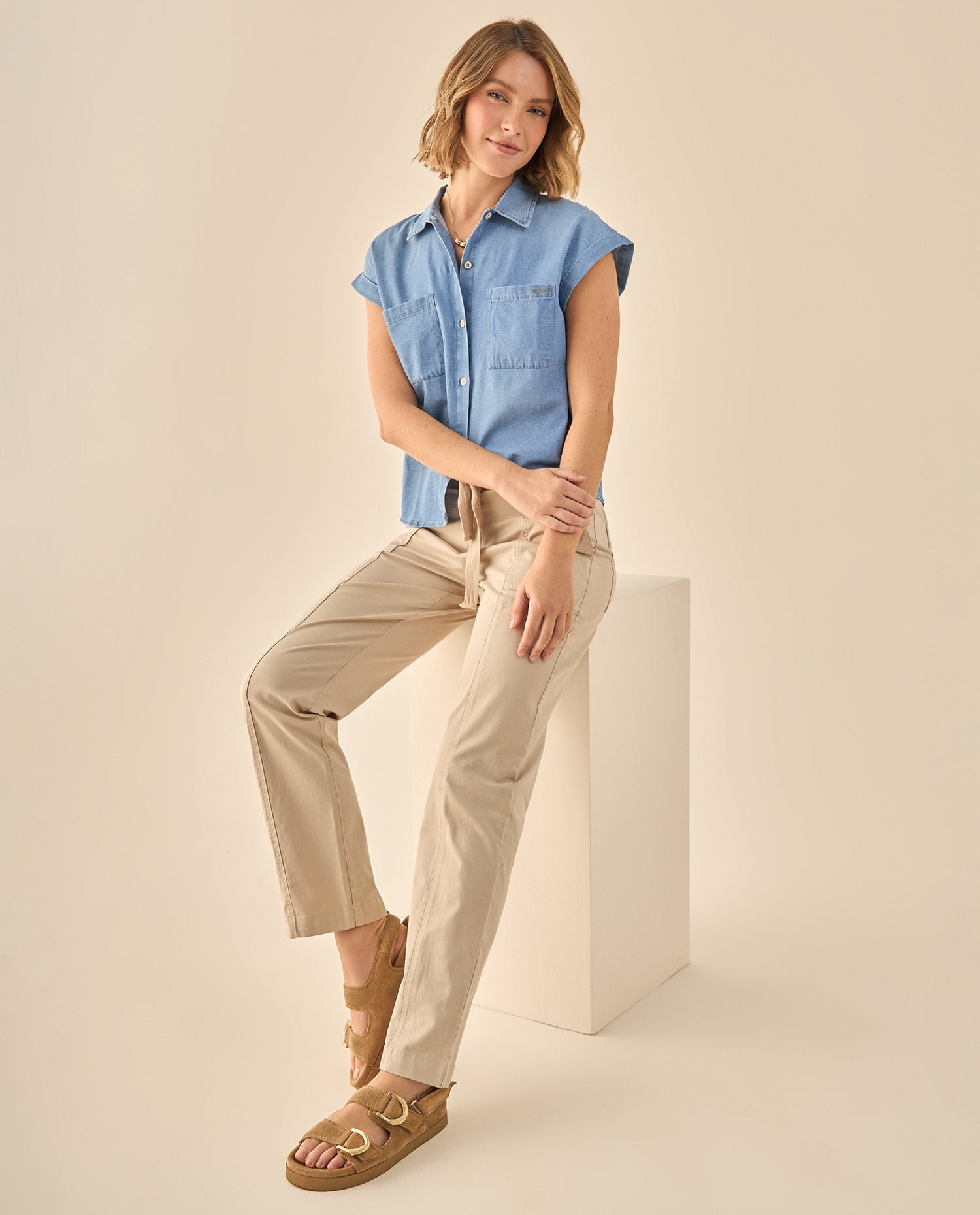 Pantalón Cargo con Cordón Ajustable - Beige