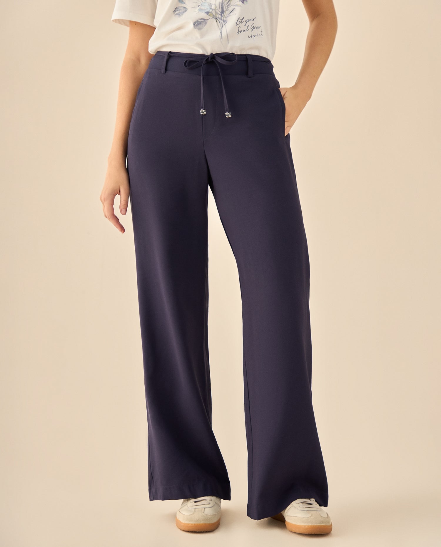 Pantalón Wide Leg con Cordón Ajustable - Azul