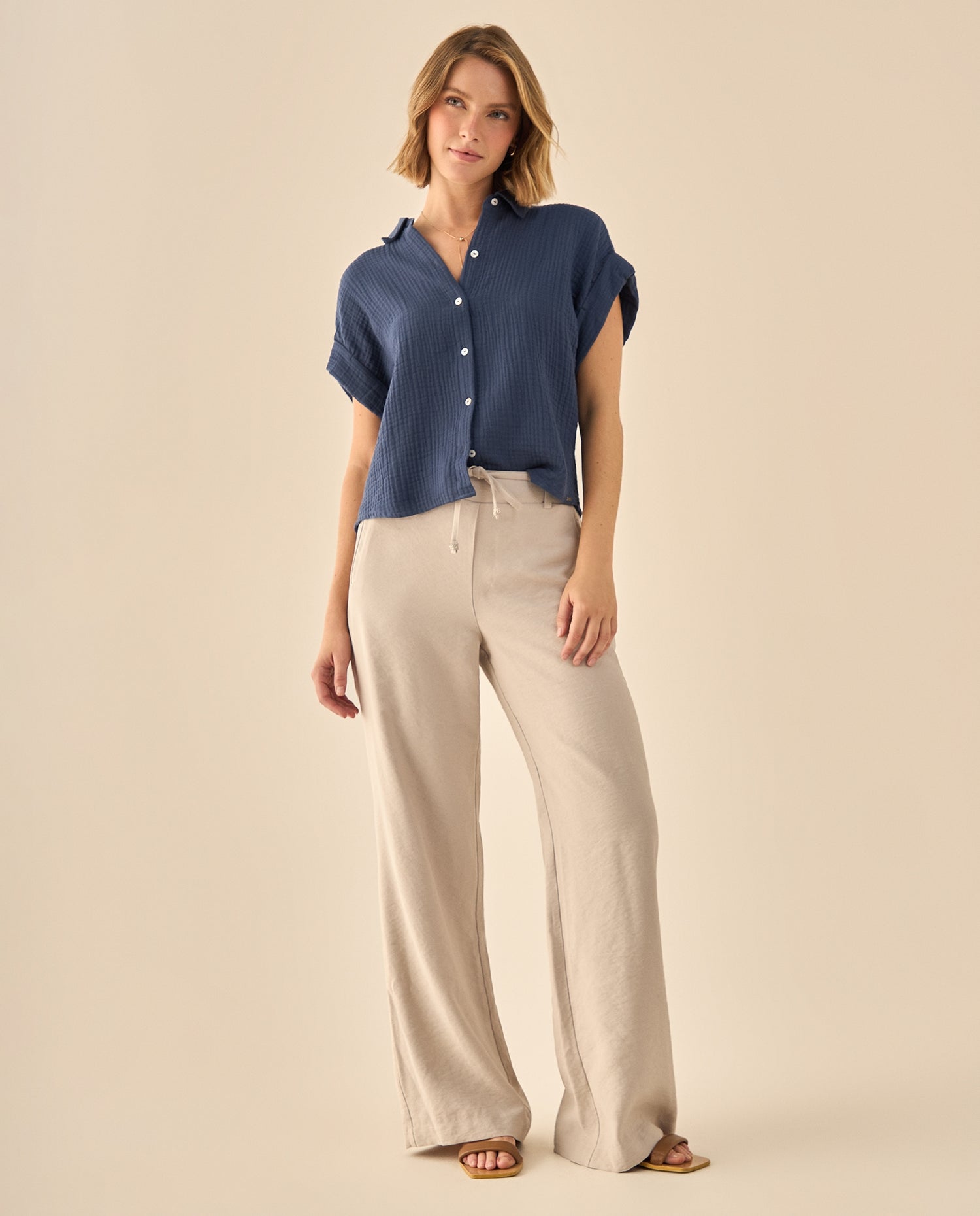 Pantalón Wide Leg con Cordón Ajustable - Beige