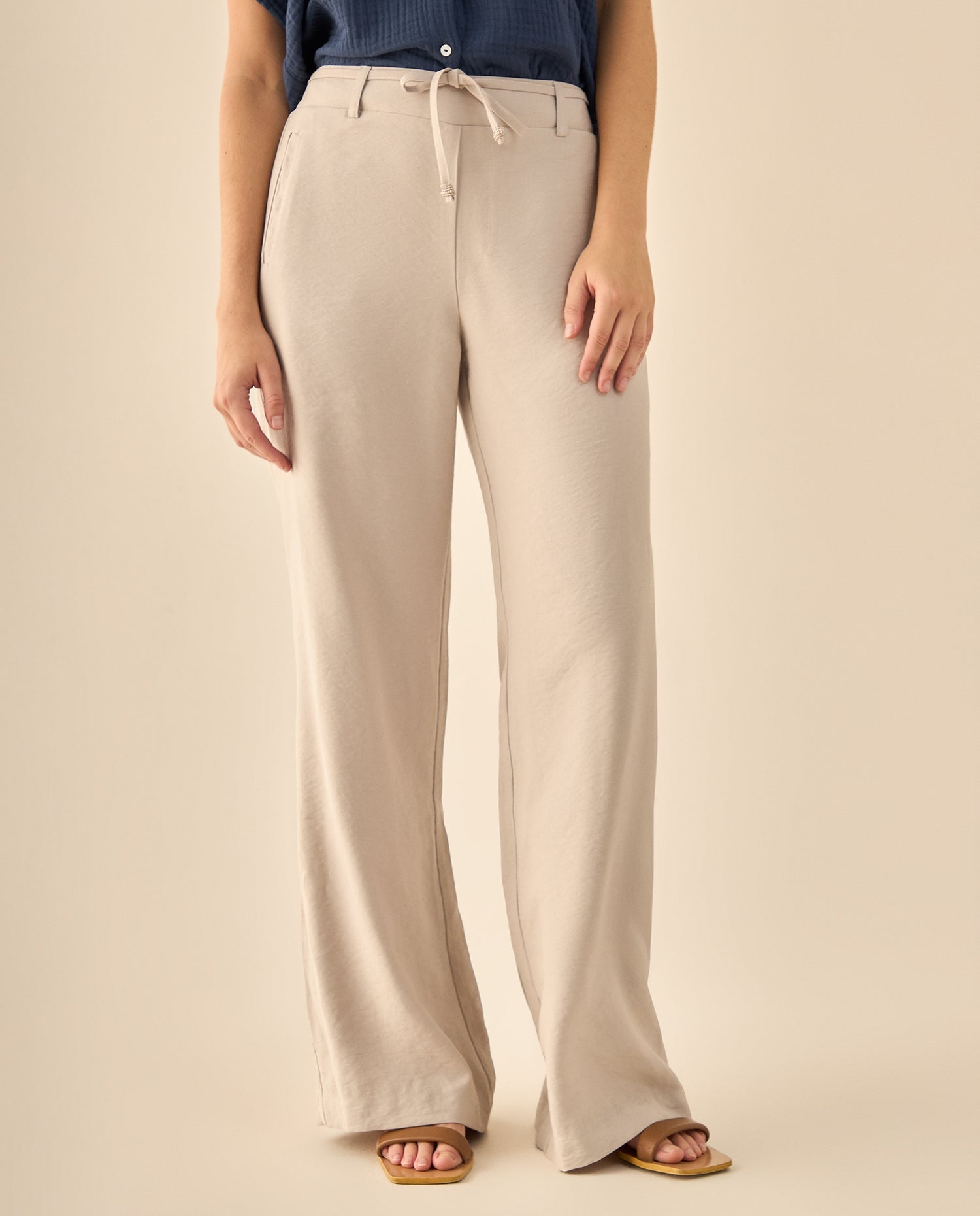 Pantalón Wide Leg con Cordón Ajustable - Beige