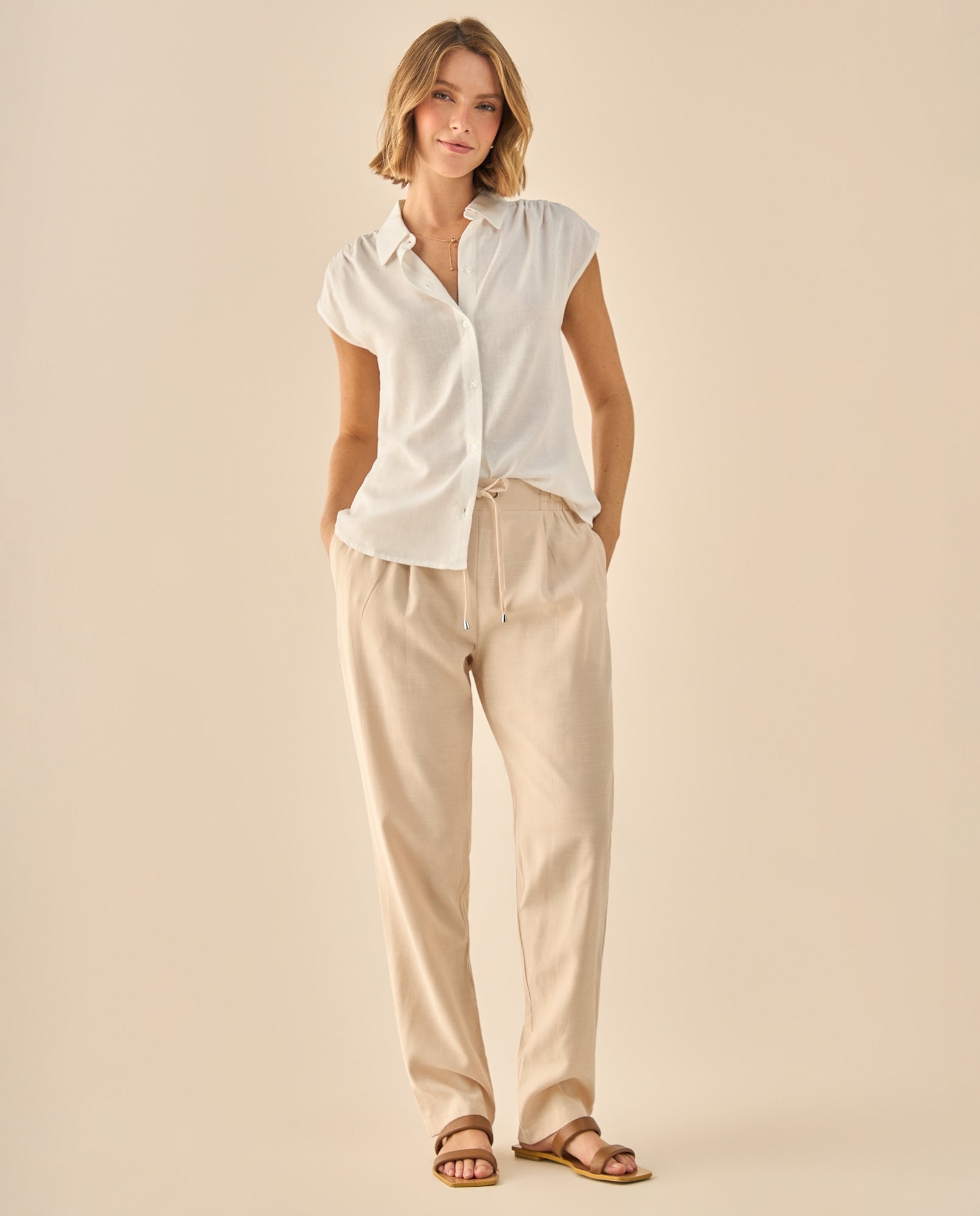 Pantalón Fluido con Cordón Ajustable - Beige 34_933G009_BEI130607_0