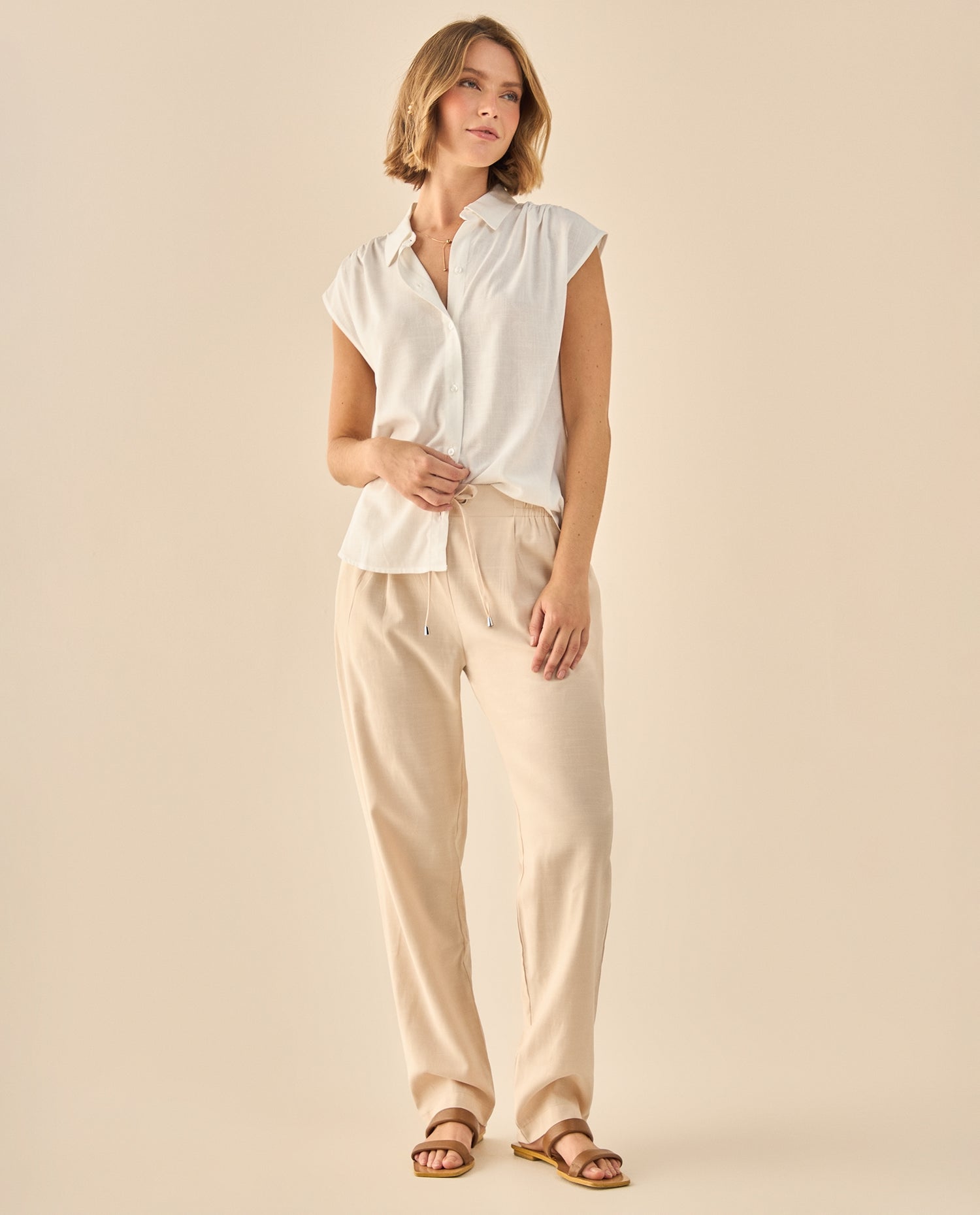 Pantalón Fluido con Cordón Ajustable - Beige