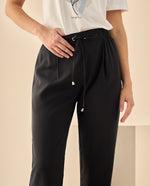 Pantalón de Cintura Alta con Cordón - Negro