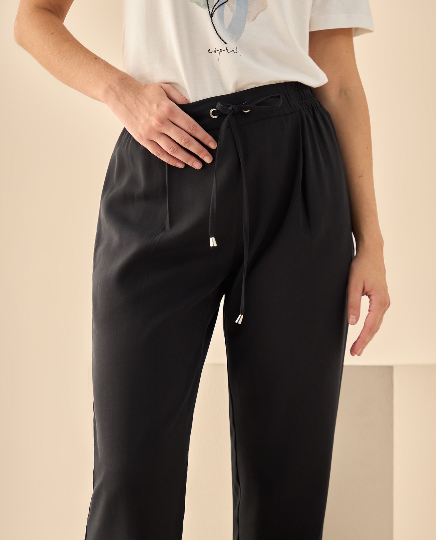 Pantalón de Cintura Alta con Cordón - Negro