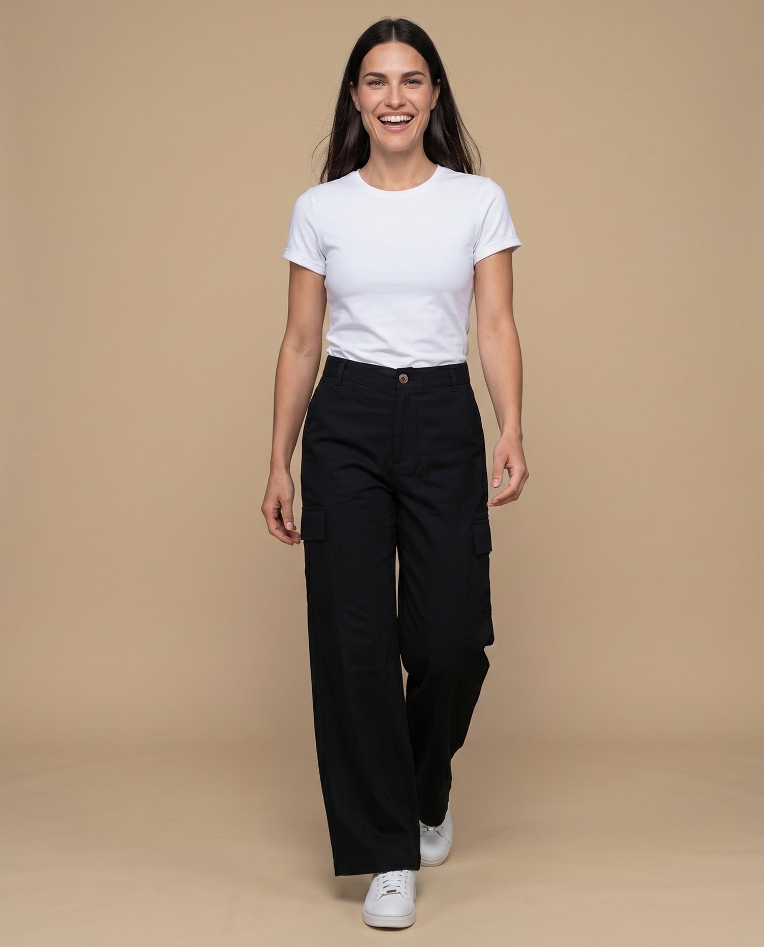Pantalón cargo wide leg con bolsillos laterales para mujer - Negro